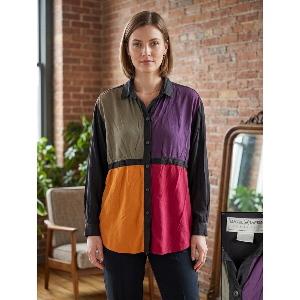 Maggie Lawrence Blouse Women Medium Colorblock Multicolor Retro Vintage Fit 90's